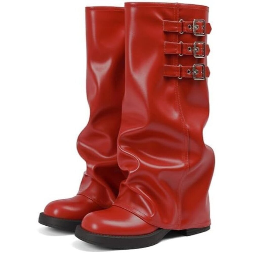 Women's Red Fall Slouchy Fold Over Tall Boots Motorcycle Zipper Fashion Buckle